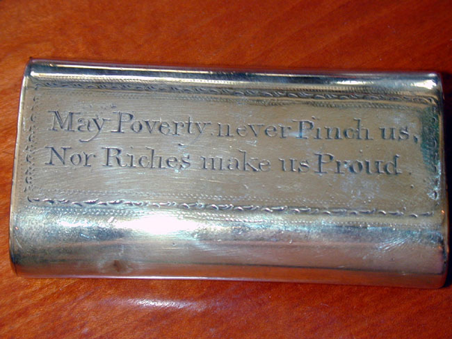 An Engraved Brass Tobacco Box inscribed "Edward Deeks, Lynn, 1808, To Navigation and Trade." The reverse side inscribed "May Poverty never pinch us Nor riches make us proud." — image 2
