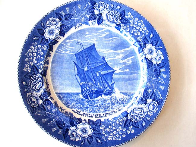 A souvenir plate circa 1935 depicting the Mayflower arriving in Provincetown Harbor