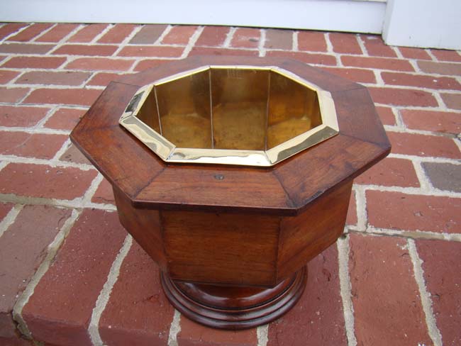A GORGEOUS  English octagonal shaped mahogany planter or wine cooler with brass liner circa 1870. — image 2