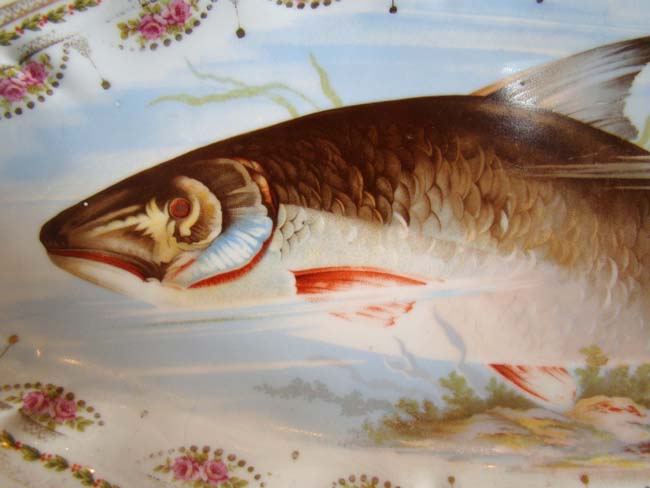 A beautiful Austrian bone china serving platter circa 1880-1900 with hand painted depiction of a salmon — image 2
