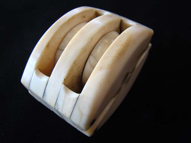 A fabulous sailor-made whale ivory double block circa 1850
