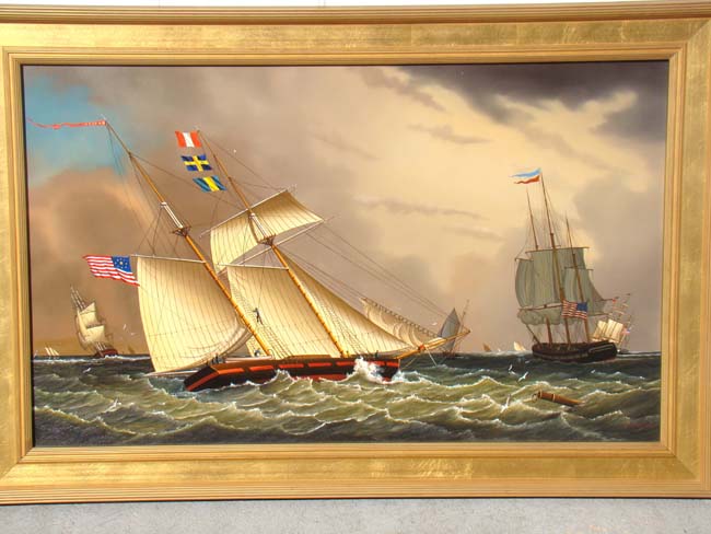 An original oil painting of a Topsail Schooner and other shipping in Boston Harbor in the 1840's by Jerome Howes (b. 1955-) — image 2