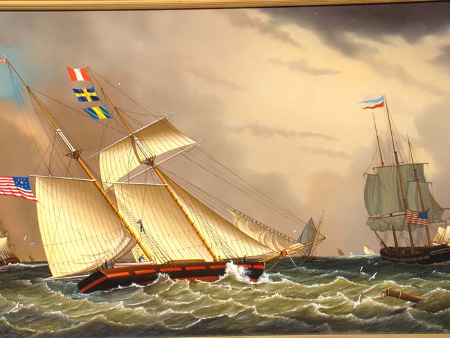 An original oil painting of a Topsail Schooner and other shipping in Boston Harbor in the 1840's by Jerome Howes (b. 1955-)