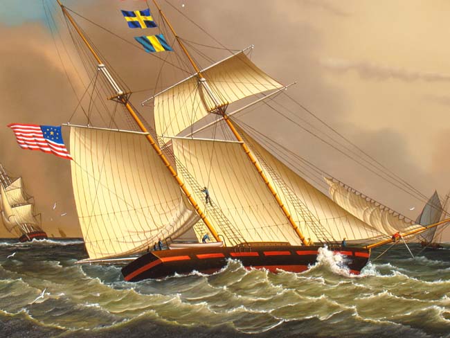 An original oil painting of a Topsail Schooner and other shipping in Boston Harbor in the 1840's by Jerome Howes (b. 1955-) — image 3