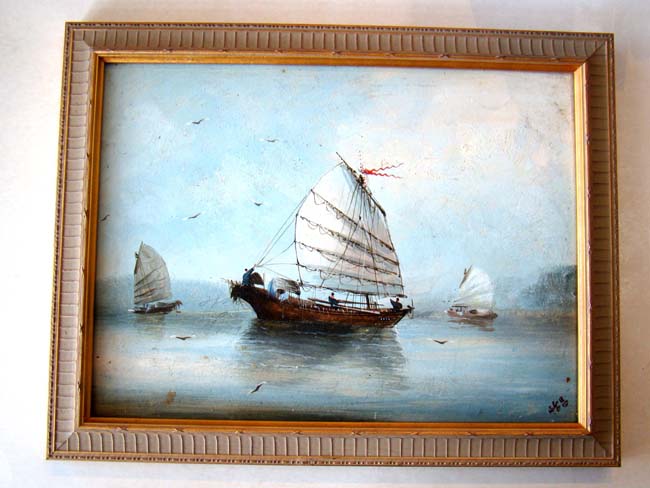 A fine vintage China trade painting of a Chinese junk