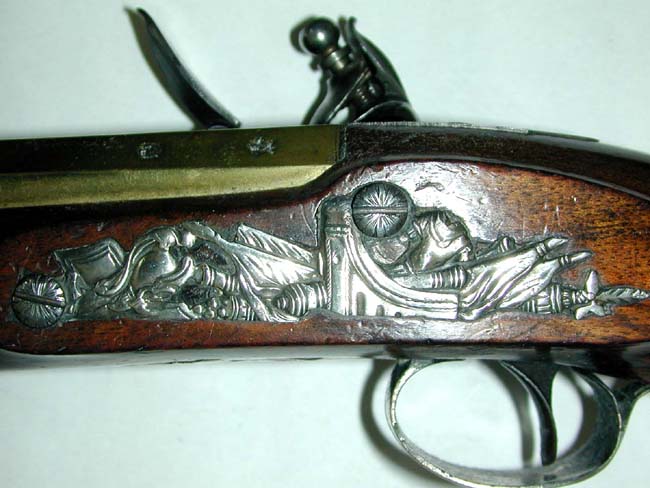A Fine Pair of Flintlock Silver Mounted Brass Barreled Officer's Pistols Circa 1778 — image 4