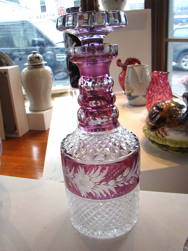 A fine Amethyst cut crystal diamond point decanter with two matching cordial glasses — image 3