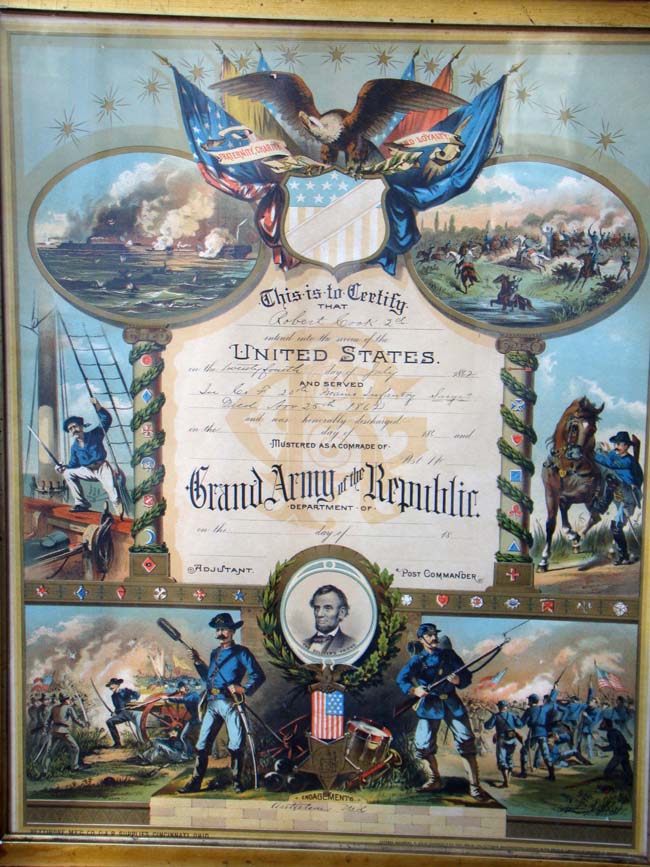 A beautiful Civil War Memorial certificate issued posthumously to Sgt. Robert Cook of the 20th Maine Infantry who was killed in action on Nov. 25, 1862