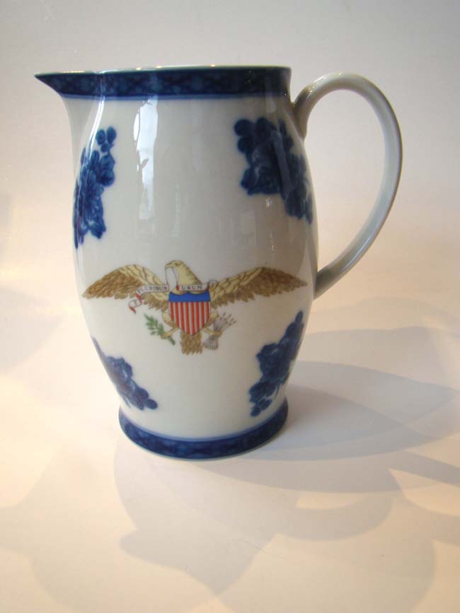 A Chinese Export 'style' Fitzhugh pattern pitcher with American Spread Wing Eagle by Mottahedeh