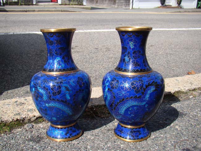 A fine pair of vintage Chinese cloisonne double dragon vases