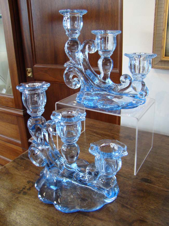 A fine pair of vintage Cambridge Glass triple candleholders circa 1930