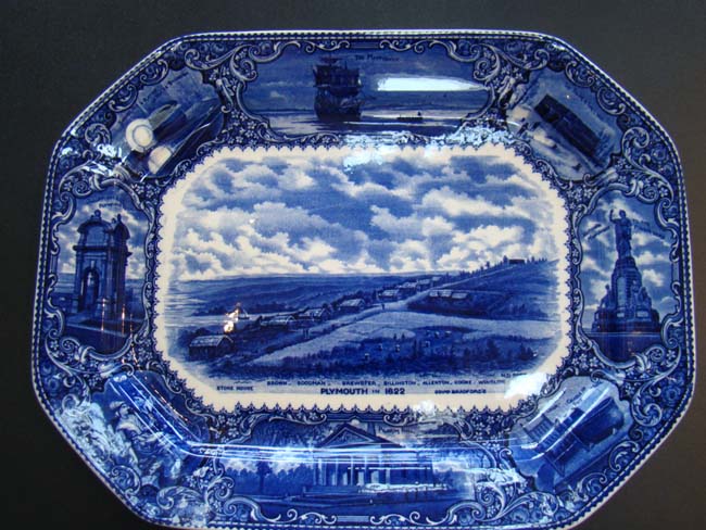 A fine and rare blue transfer printed Commemorative platter made in 1908 featuring Plymouth Plantation and the Pilgrims