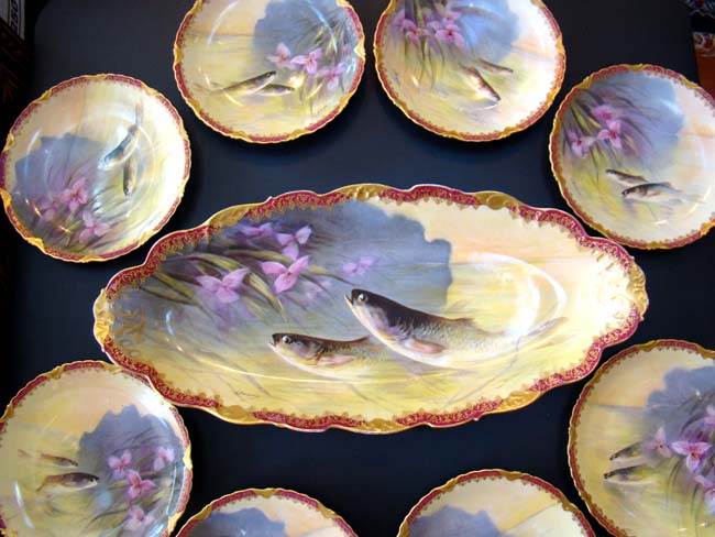 A FABULOUS antique hand painted fish service by Elite Works of Limoges, France circa 1890-1900