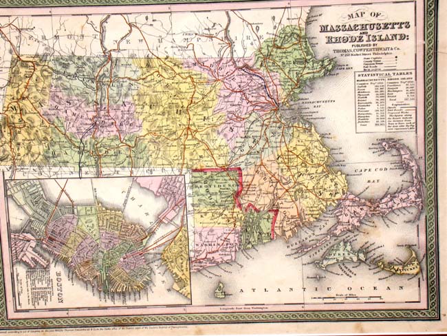 Original hand colored map of Massachusetts & Rhode Island published in 1850 — image 2