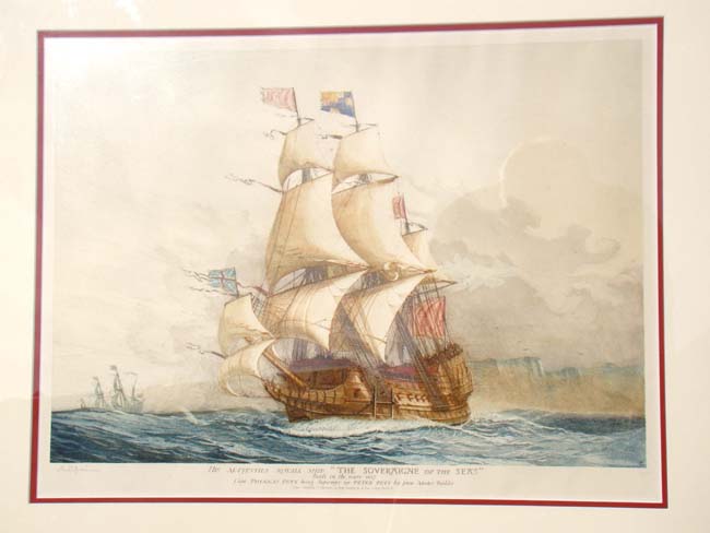 A fine hand colored 'artists proof' watercolor drawing of "His Majesty's Royal Ship The Sovereign of the Seas built in 1637."