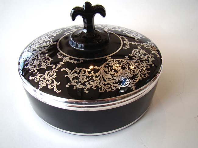 A stunning vintage silver overlay black glass candy dish circa 1910 — image 2