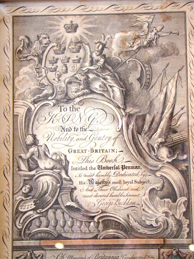 The RARE original engraved Frontispiece to the epic book entitled "The Universal Penman" published by George Bickham in London in 1741