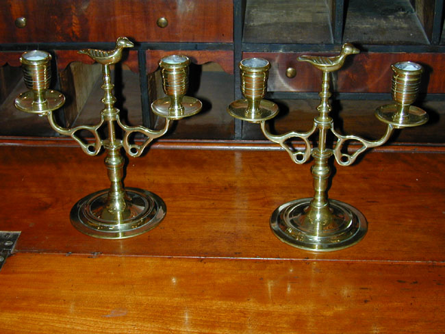 Pair of Two-Arm Brass Candlesticks with Bird Finial Circa 1880