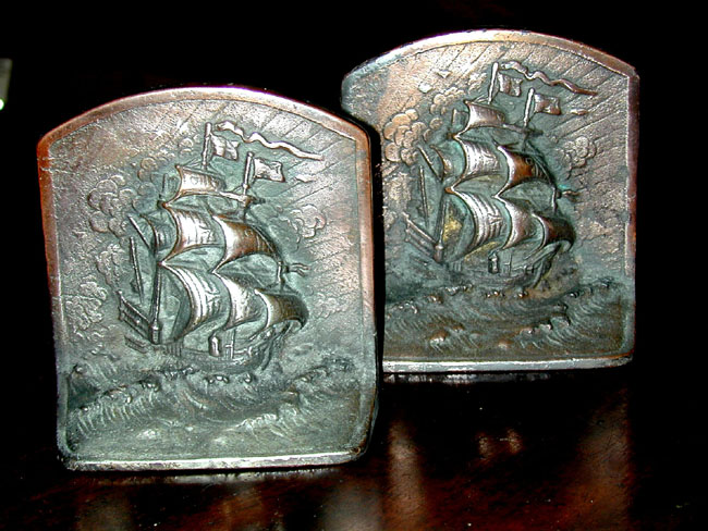 Pair of Bronze Antique Bookends with Ship Motif circa 1900