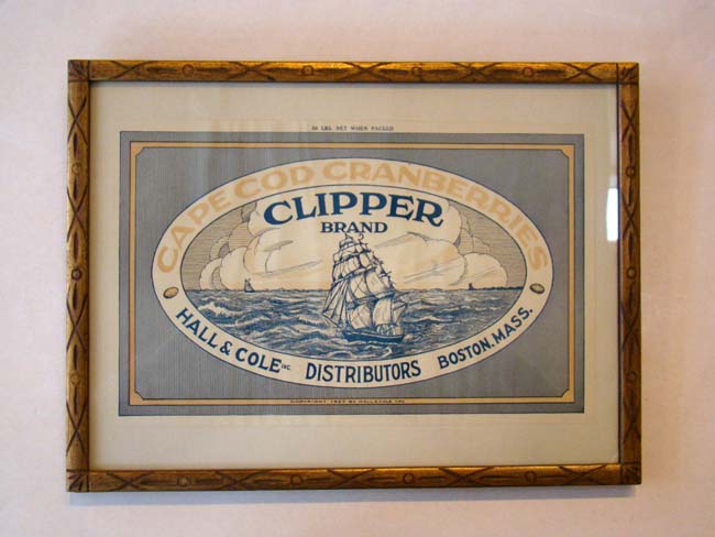 A circa 1927 advertising packaging label for Cape Cod Cranberries, Clipper Brand, Hall & Cole Distribution Company, Boston, Mass."