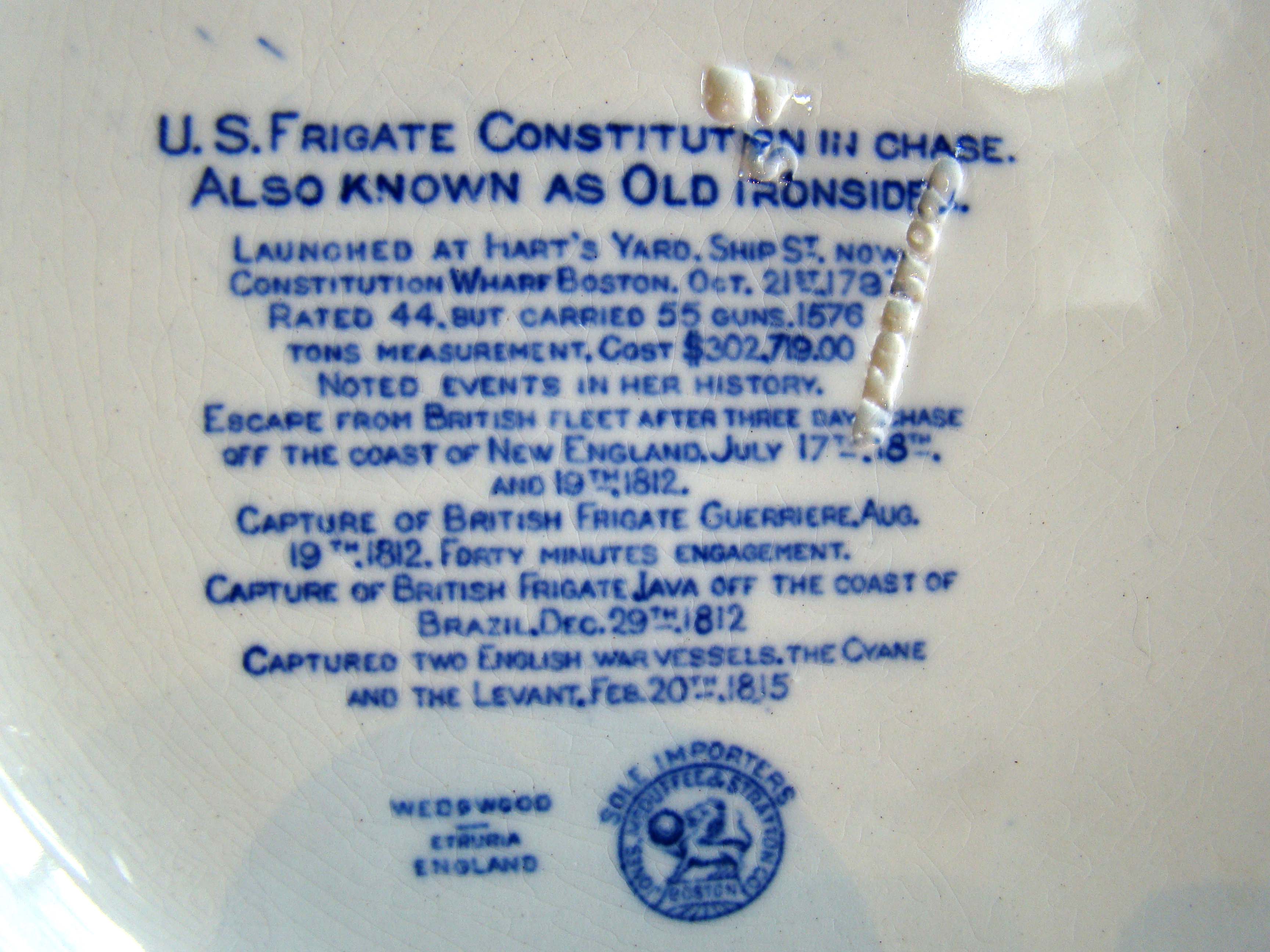A Wedgwood souvenir plate depicting the "U S Frigate Constitution in Chase" circa 1890 — image 2