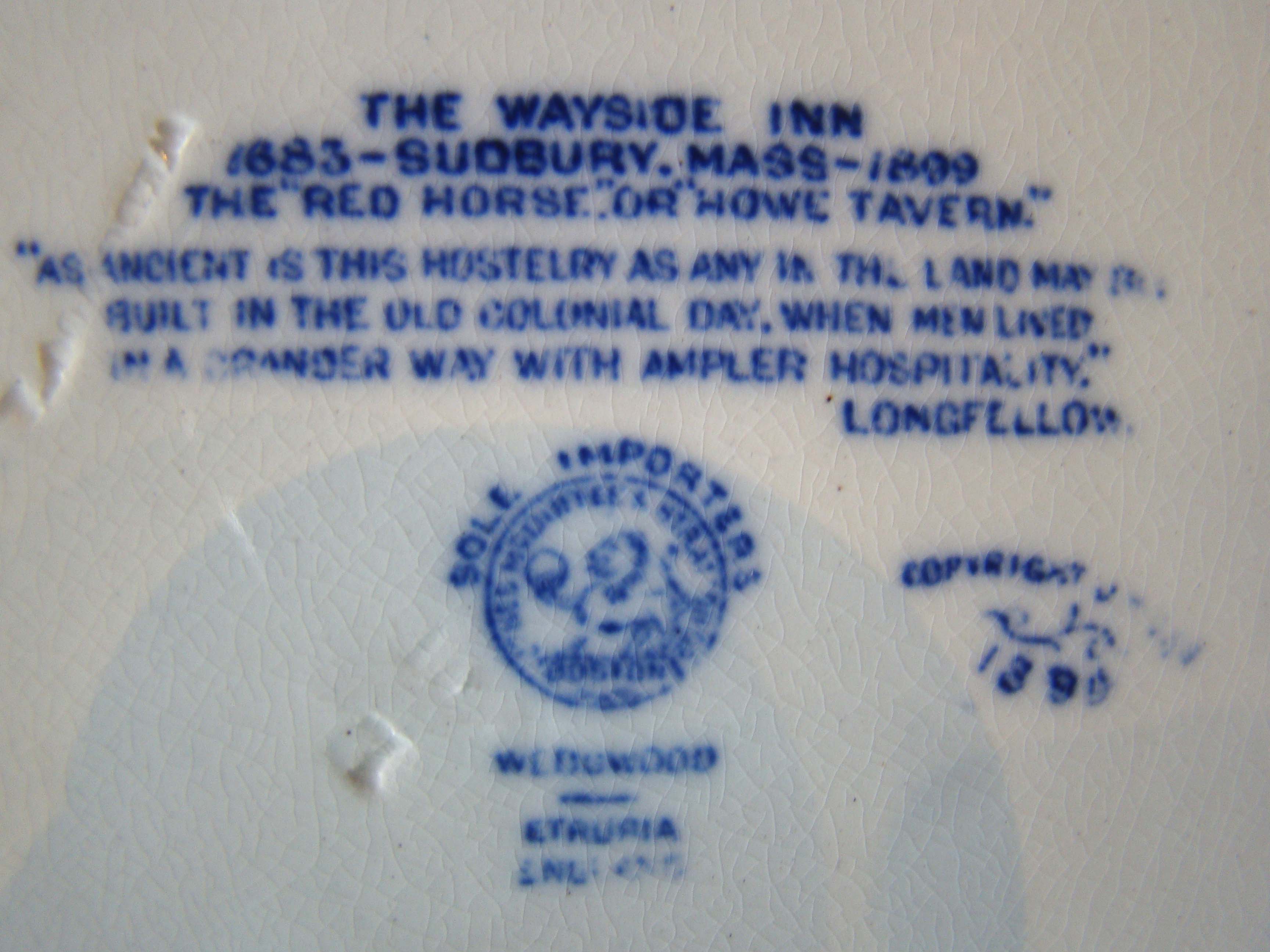 A fine late 19th century Wedgwood souvenir plate depicting Longfellow's Wayside Inn in Sudbury, Mass — image 2