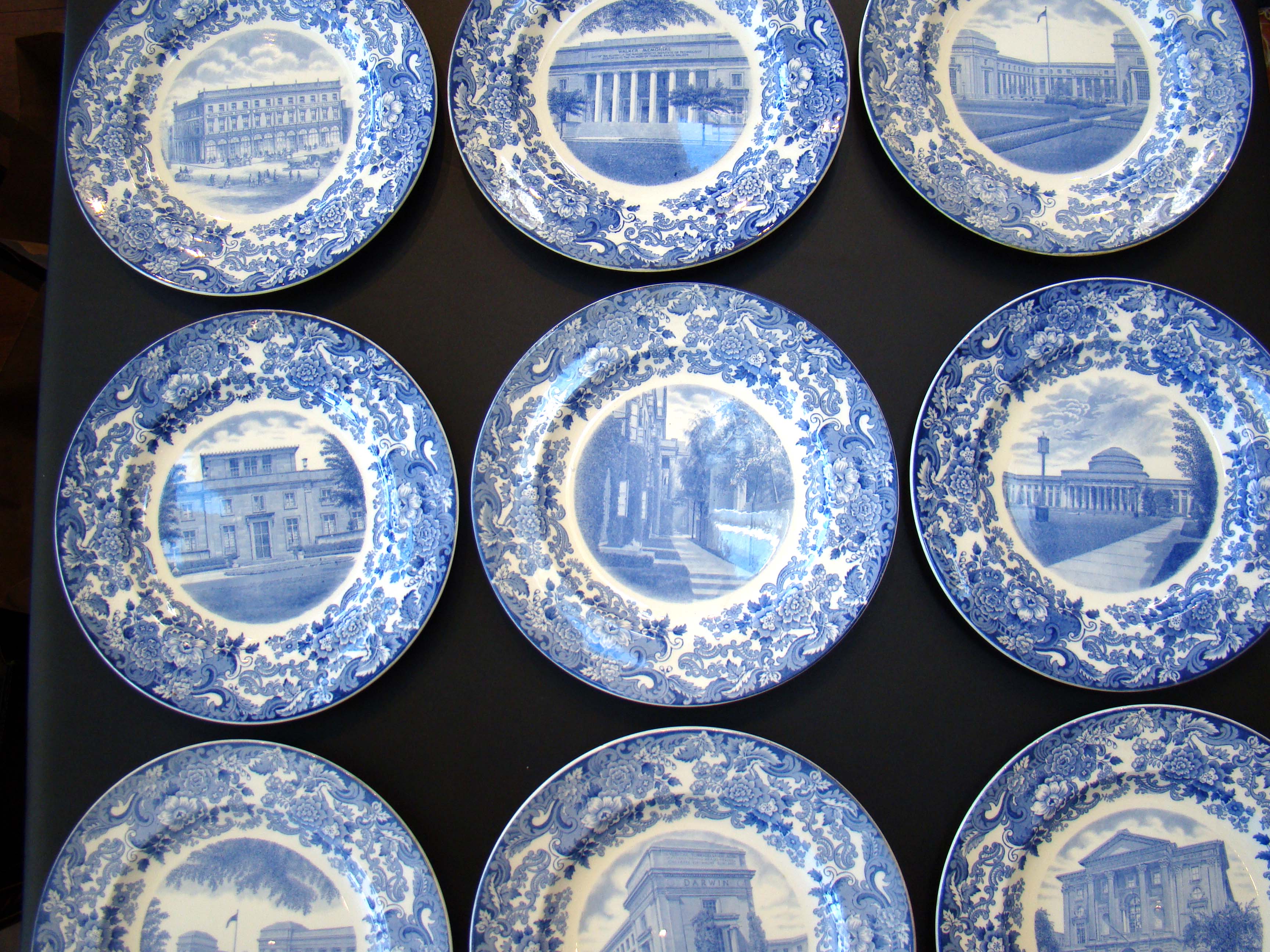 A rare set of six (9 shown in photo) M I T commemorative plates made by Wedgwood in 1930