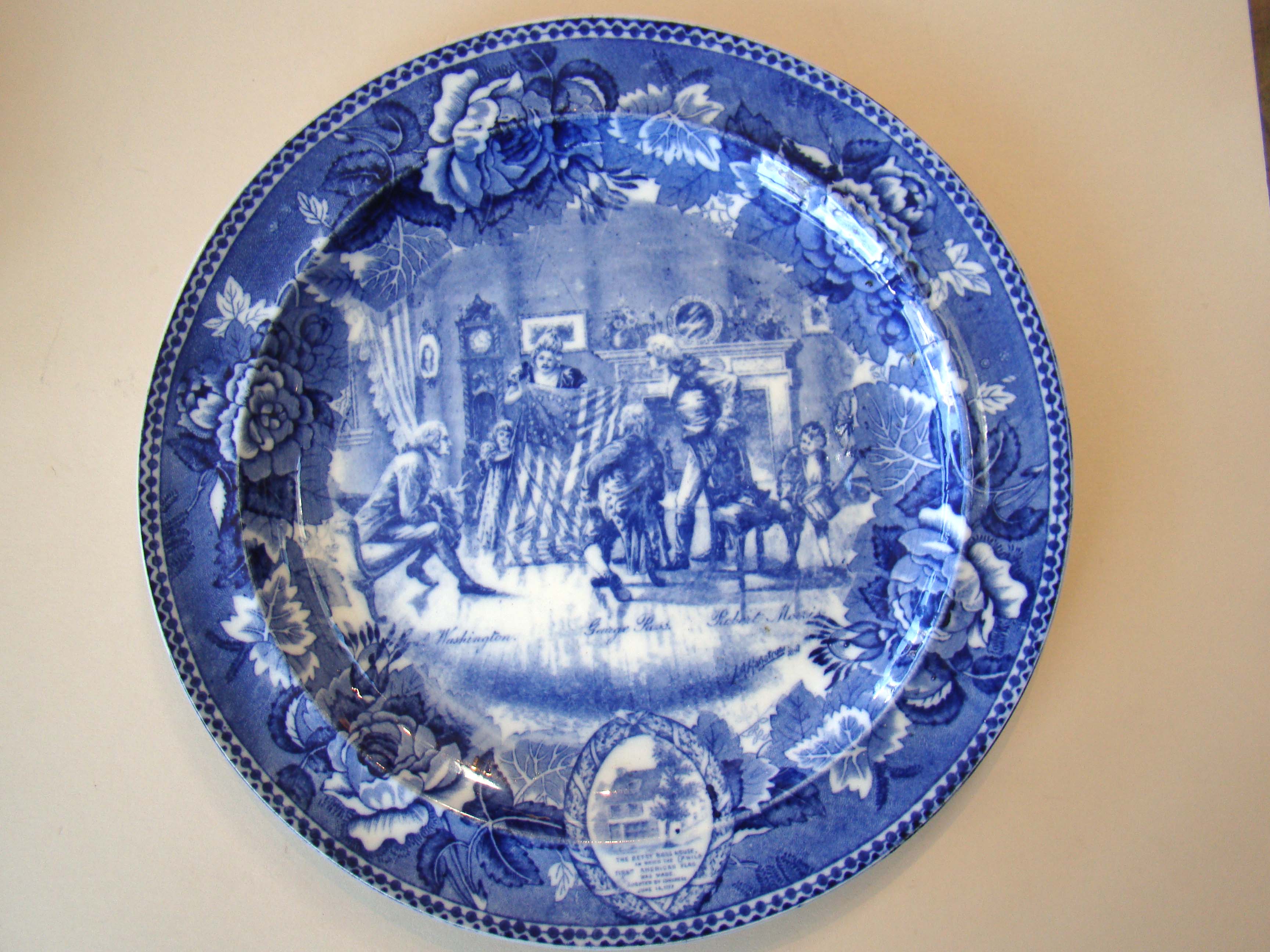 Wedgwood plate dated 1900 depicting Betsy Ross and the first American flag