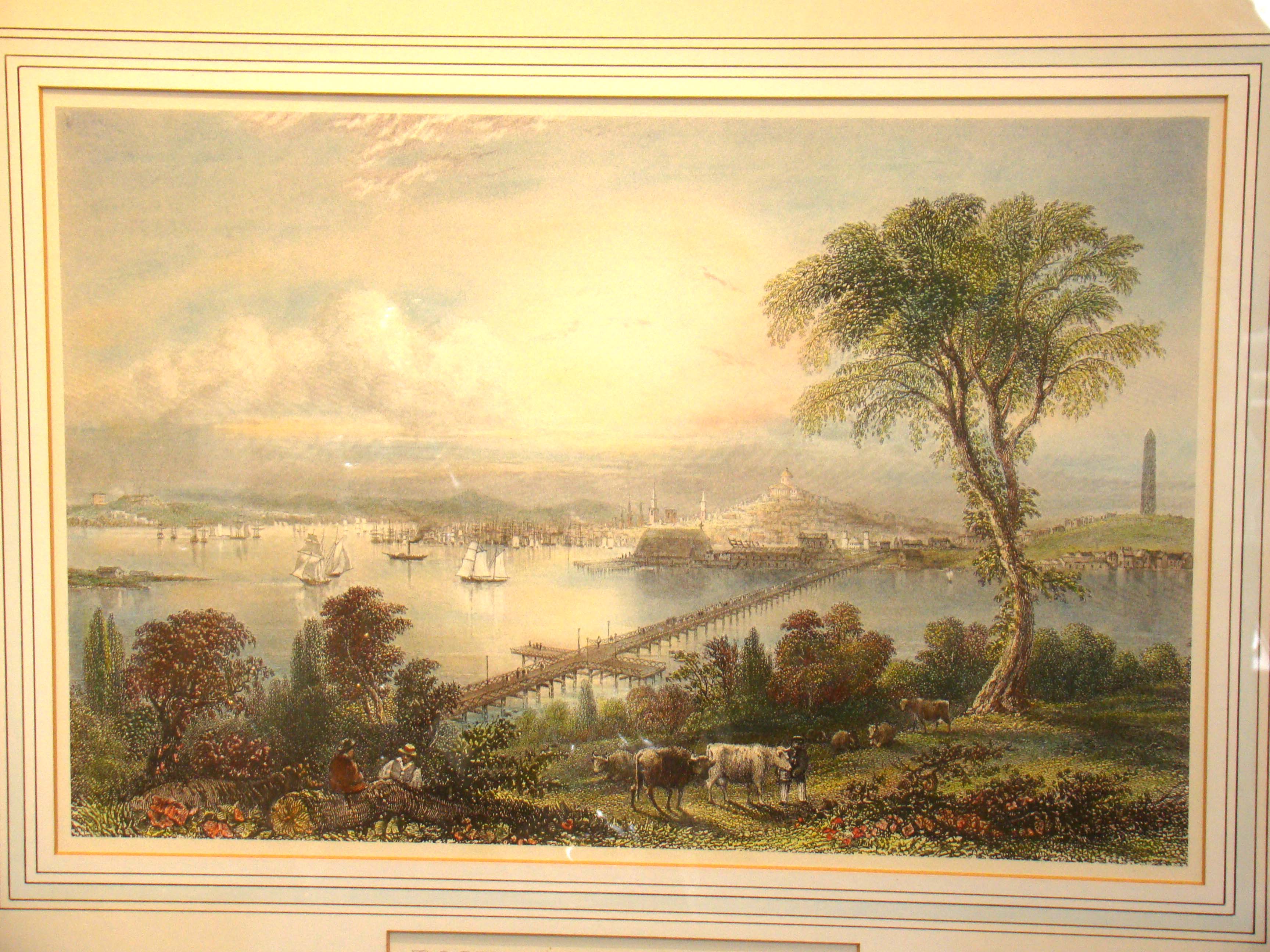 A vintage hand colored print depicting a 19th century view of Boston and Bunker Hill