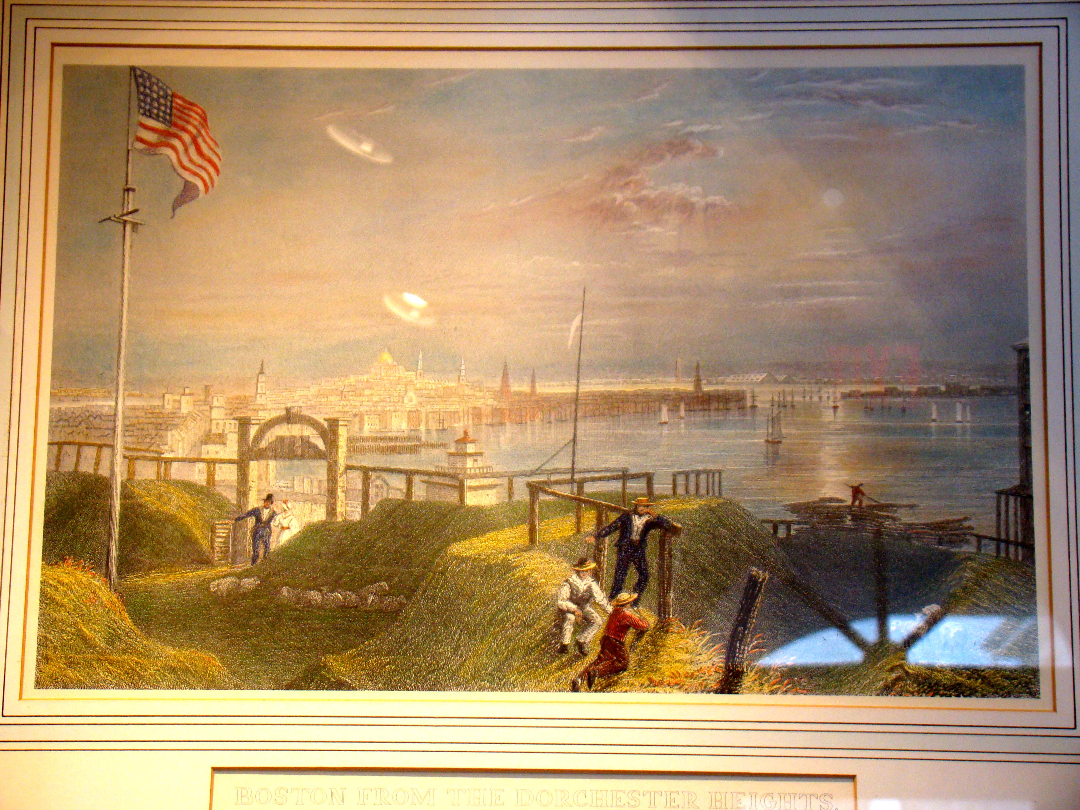A beautiful vintage print depicting a view of Boston from Dorchester Heights