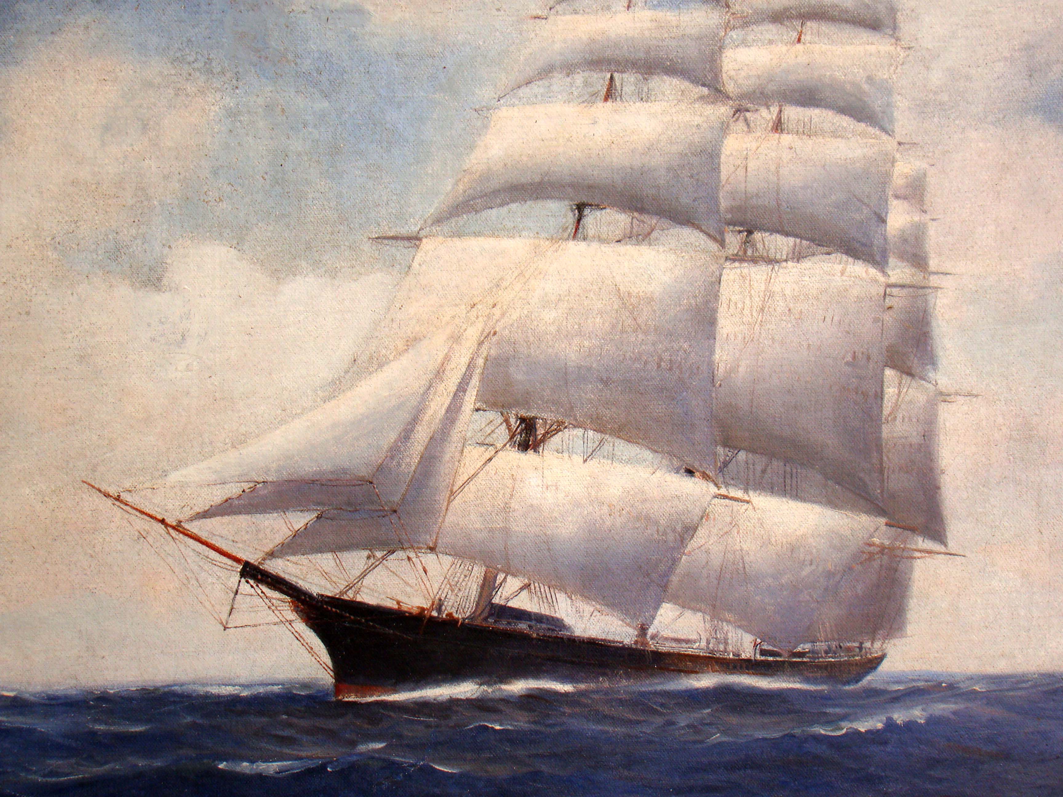 A vintage oil painting of the famous clipper ship Westward Ho by Vivian Porter circa 1920