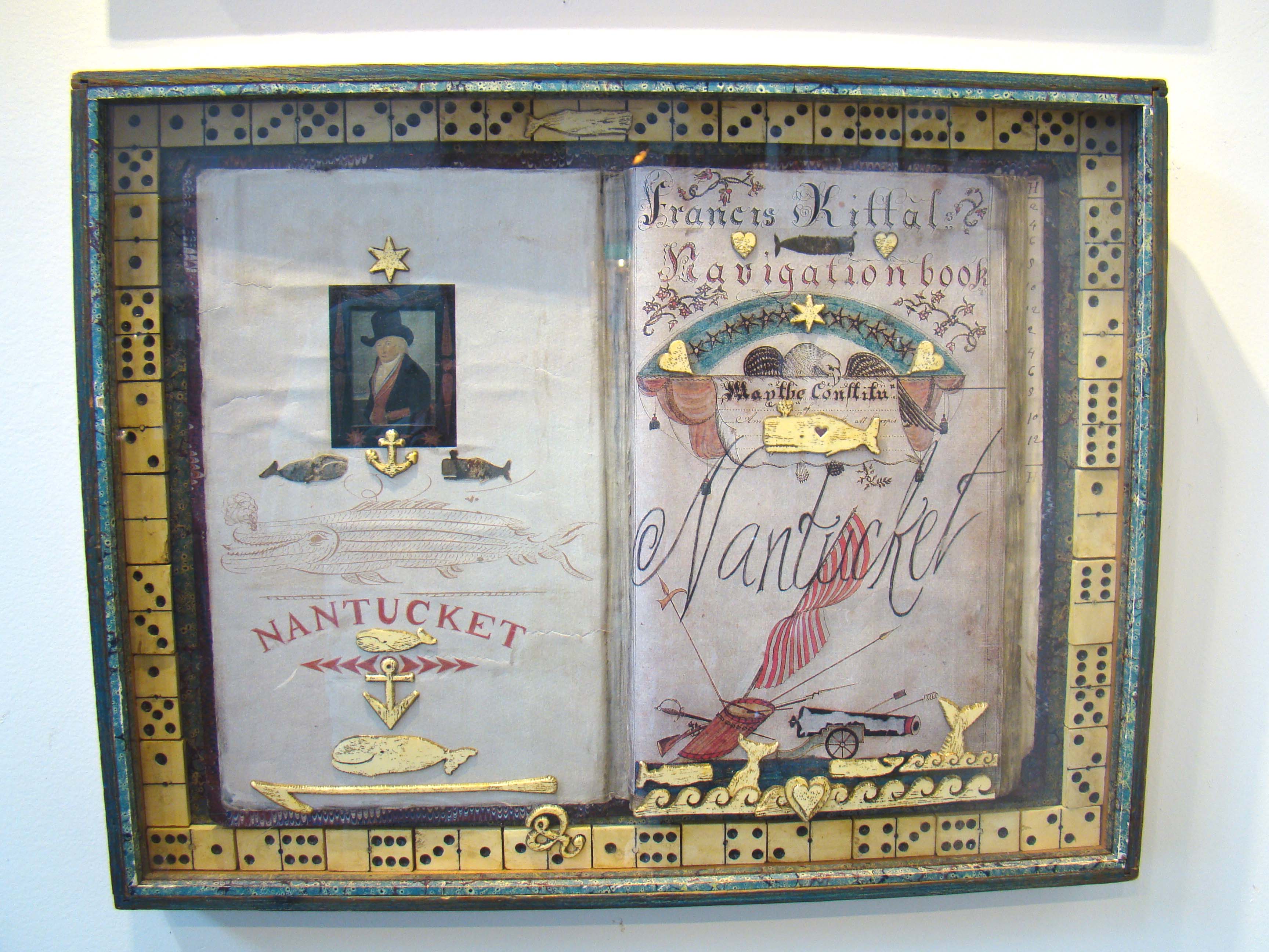 A FABULOUS Nantucket whaling memorabilia shadow box entitled "Francis Kittal's Navigation Book"