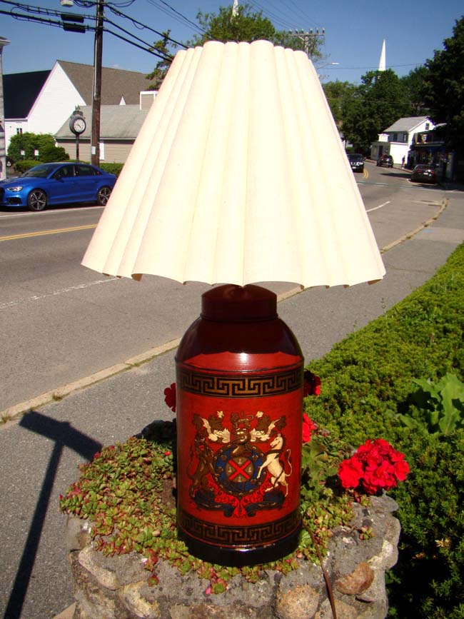 A beautiful vintage English Tea Cannister with royal Coat-of-arms now converted into a lamp