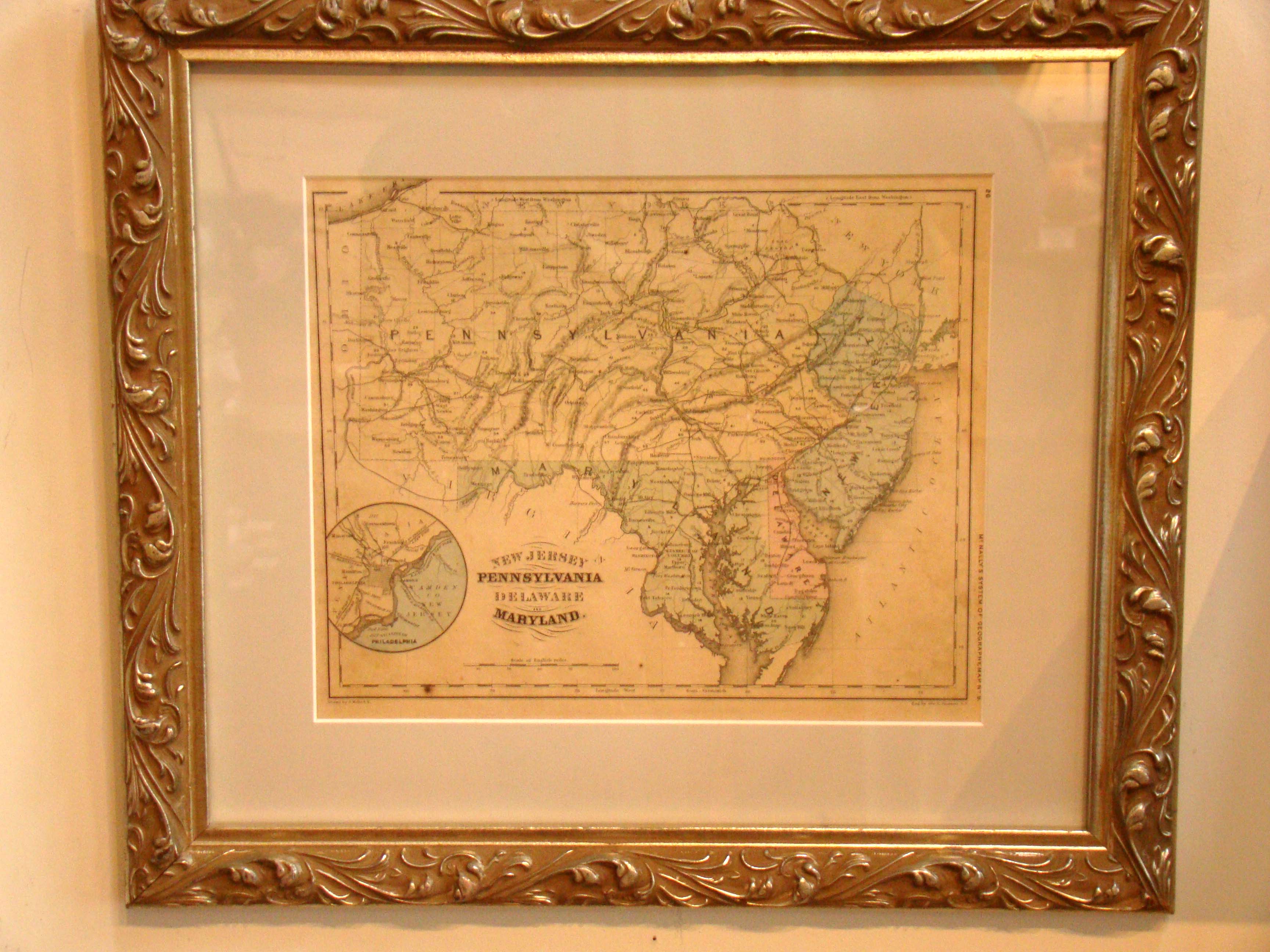 A fine antique map of New Jersey, Pennsylvania, Delaware and Maryland with small inset map of Philadelphia published in 1857