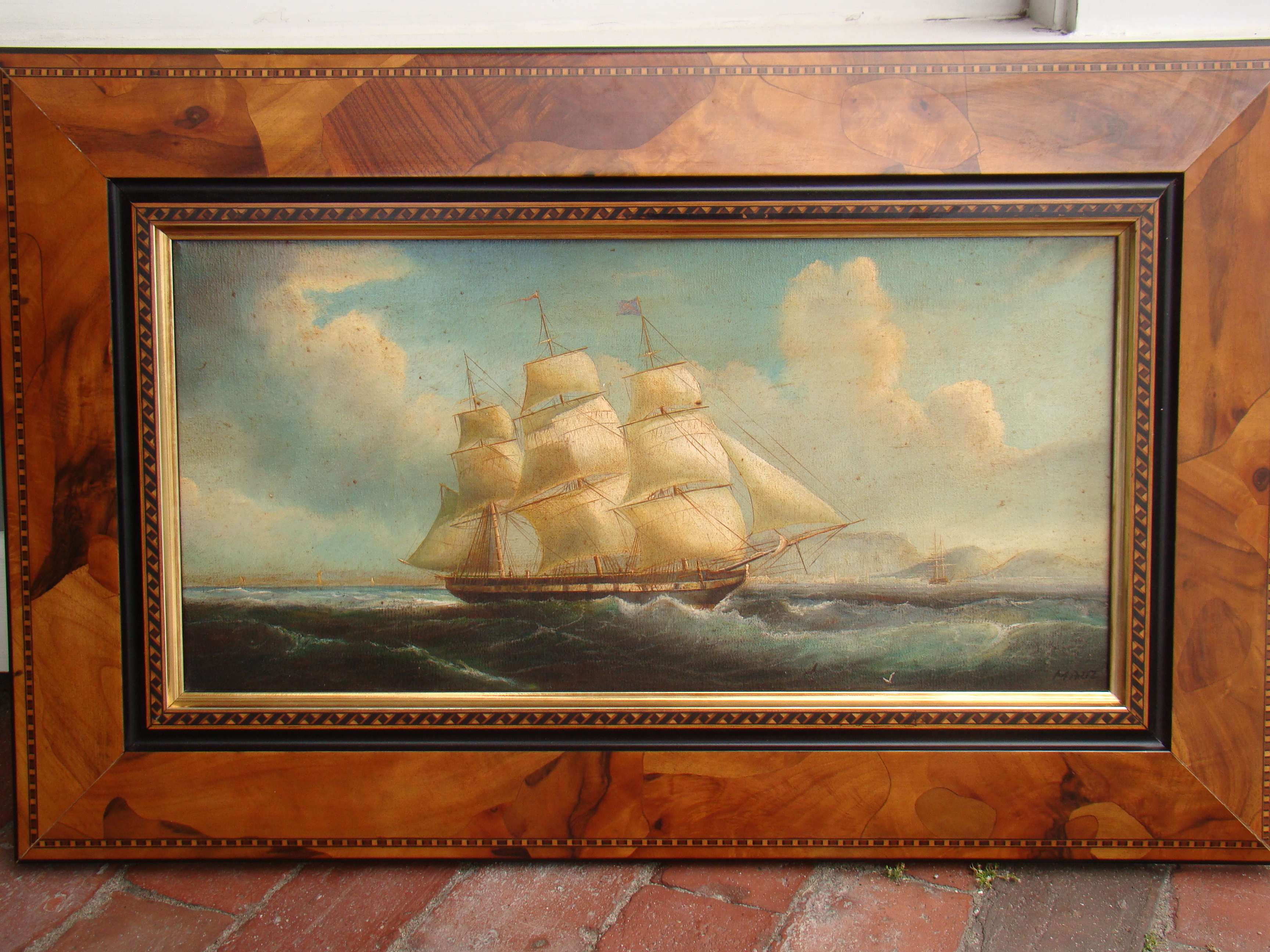 A fine contemporary painting depicting a 19th century ship off the coast — image 2