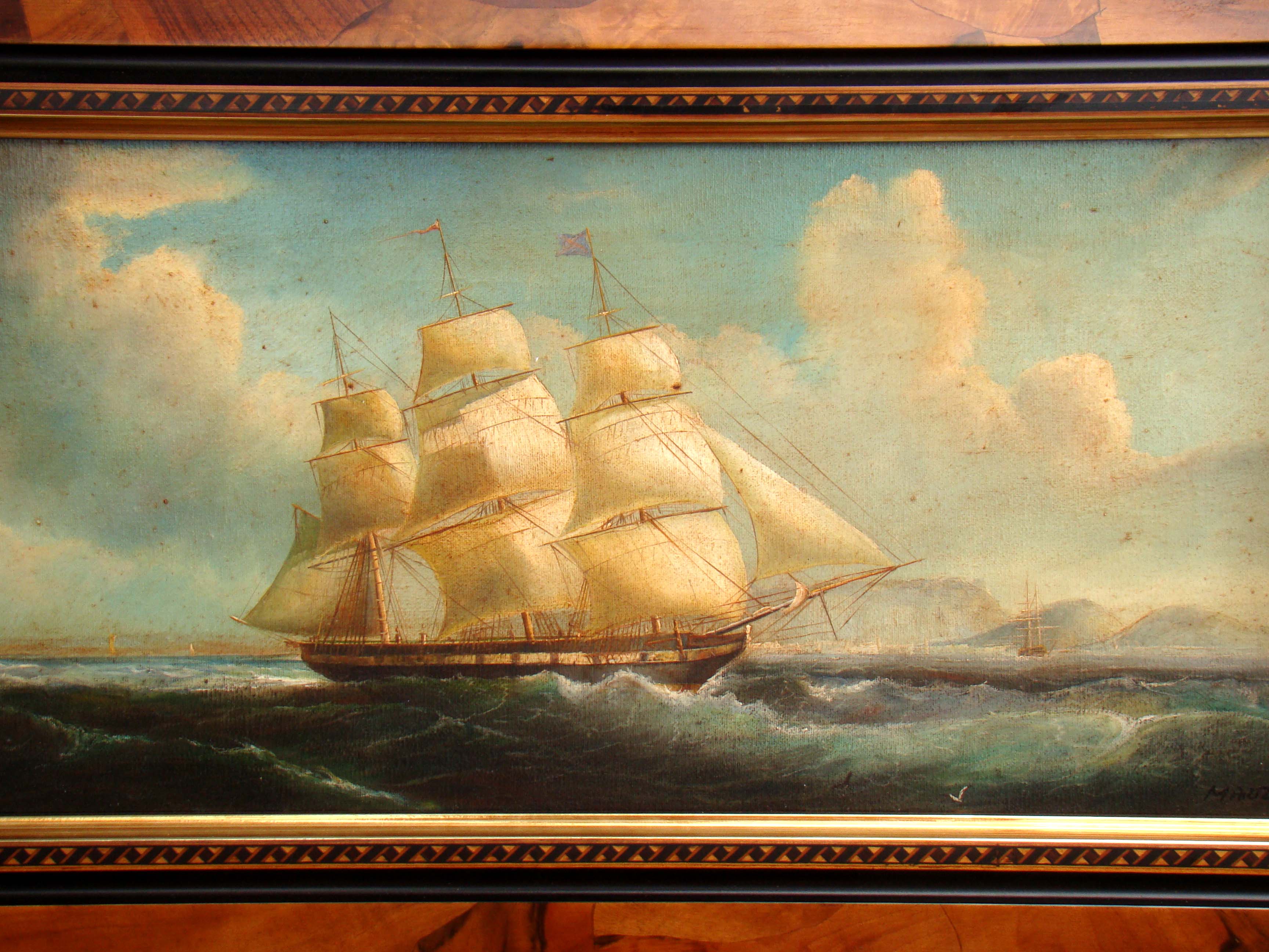 A fine contemporary painting depicting a 19th century ship off the coast