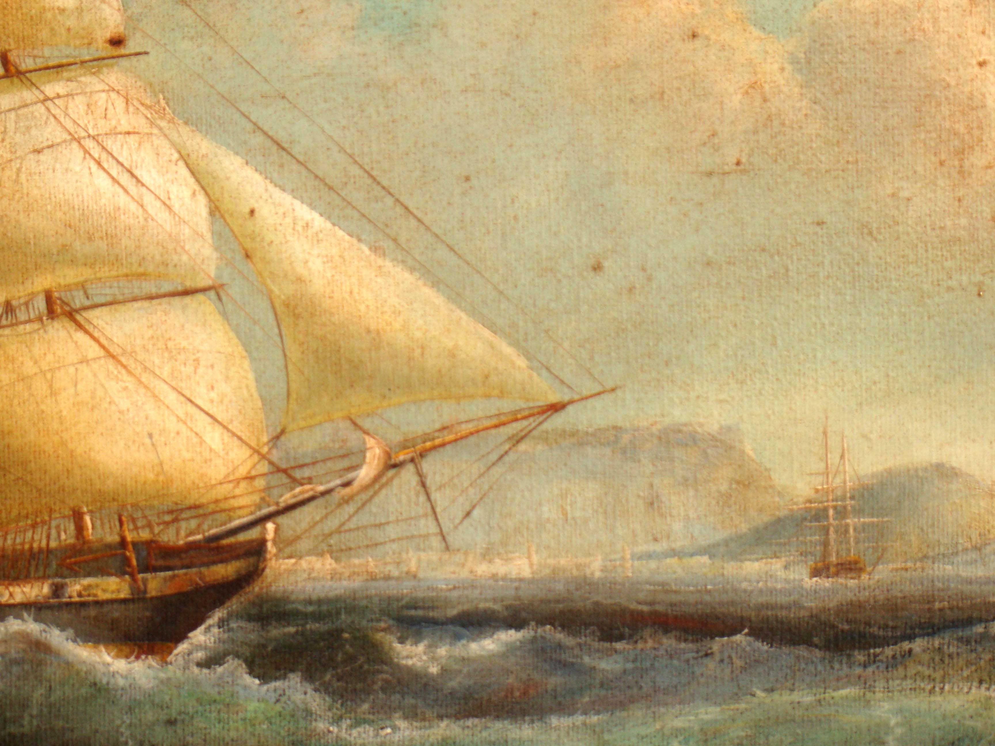 A fine contemporary painting depicting a 19th century ship off the coast — image 3