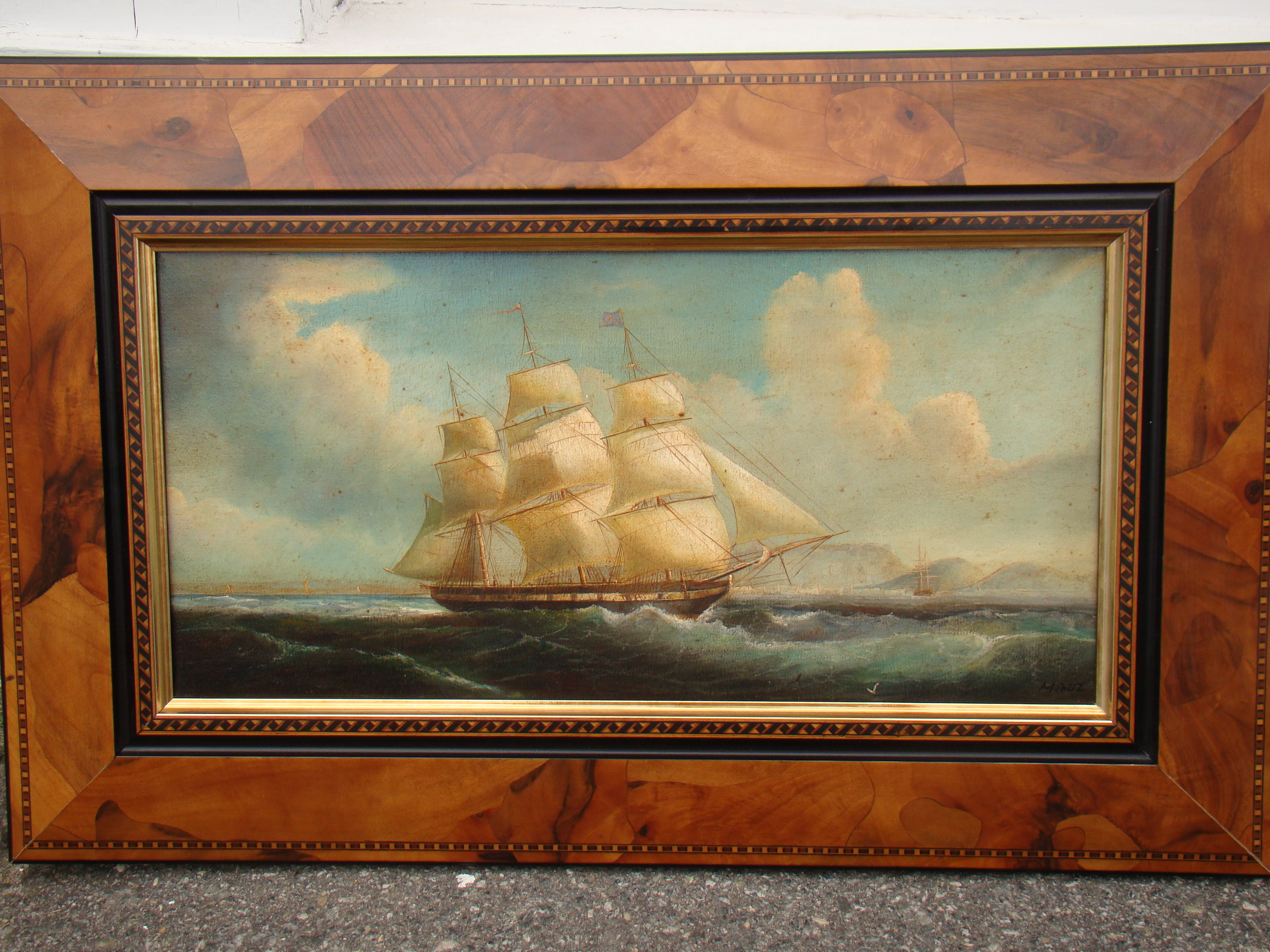 A fine contemporary painting depicting a 19th century ship off the coast — image 4