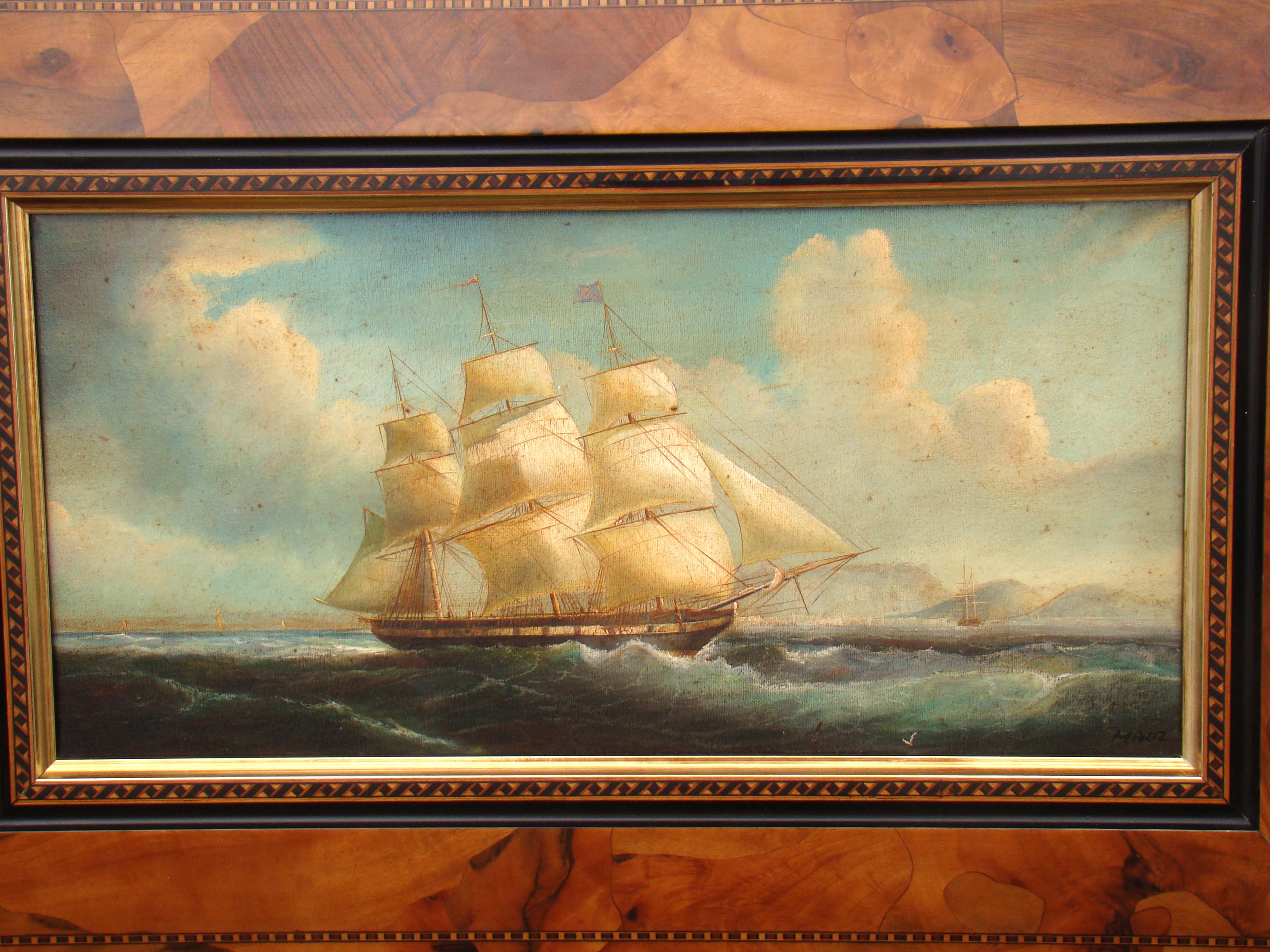 A fine contemporary painting depicting a 19th century ship off the coast — image 5