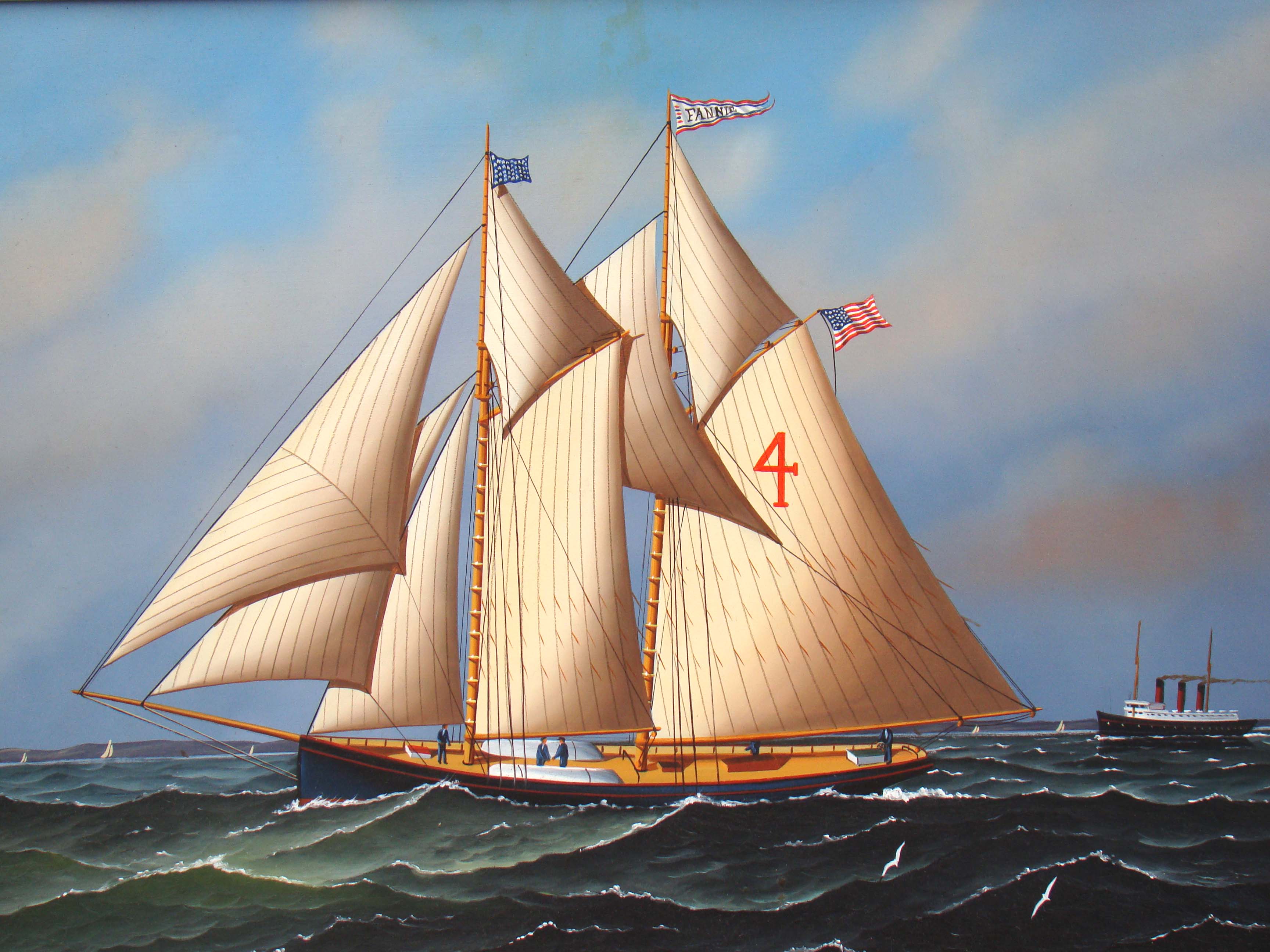 A fine contemporary painting of the two-masted schooner "Fannie" circa 1890 by Jerome Howes.