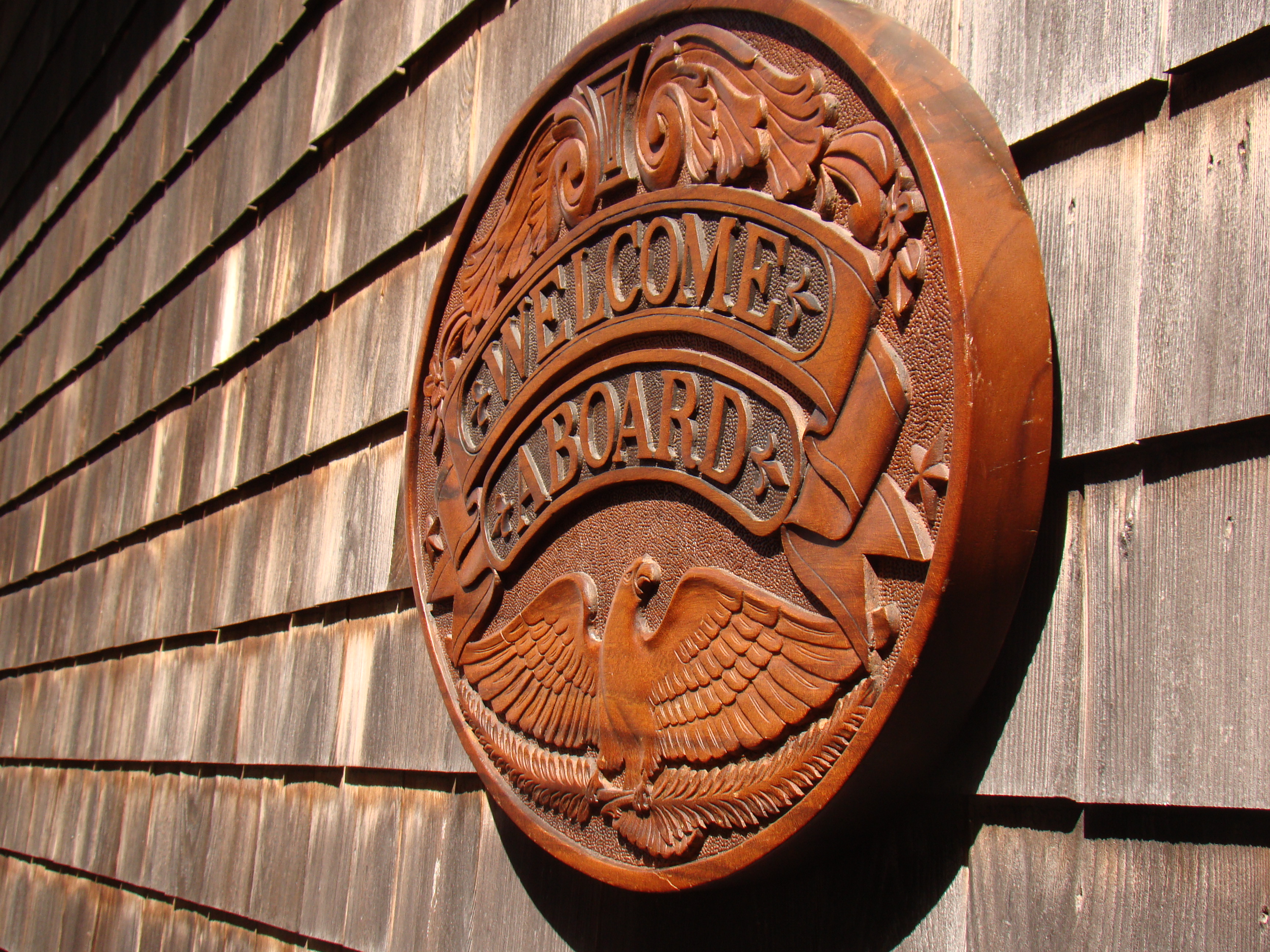 A  F A B U L O U S carved walnut WELCOME ABOARD sign with carved American eagle — image 2
