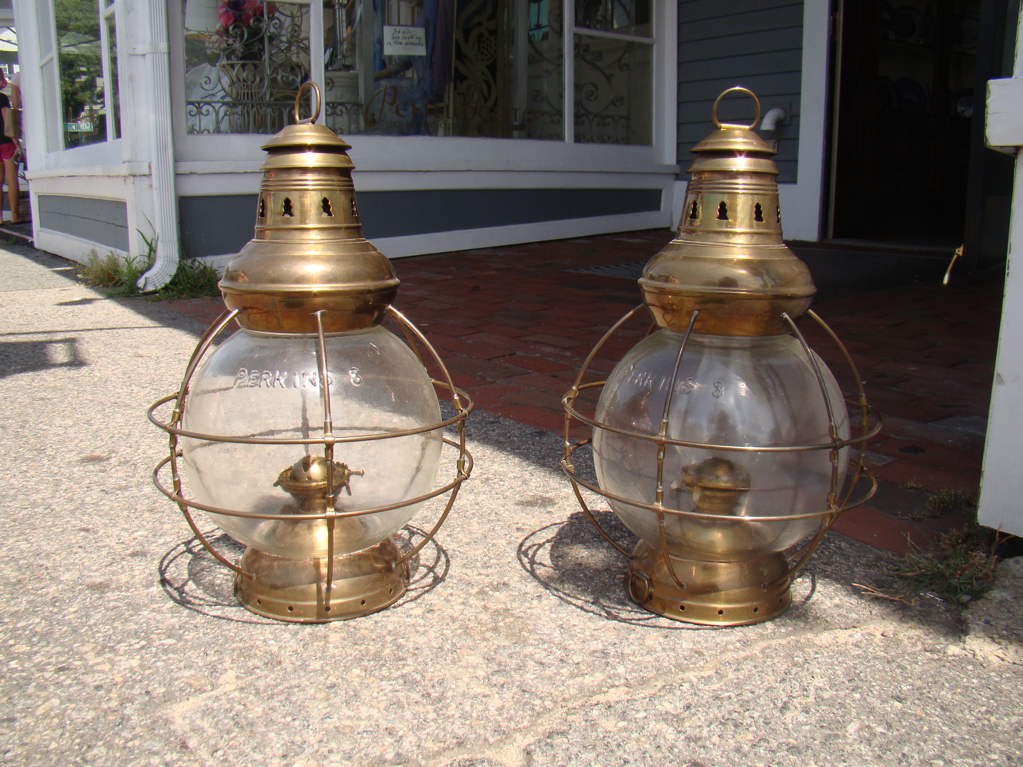 A fine pair of onion shape Marine Lanterns made by the Perkins Marine Lamp company circa 1900