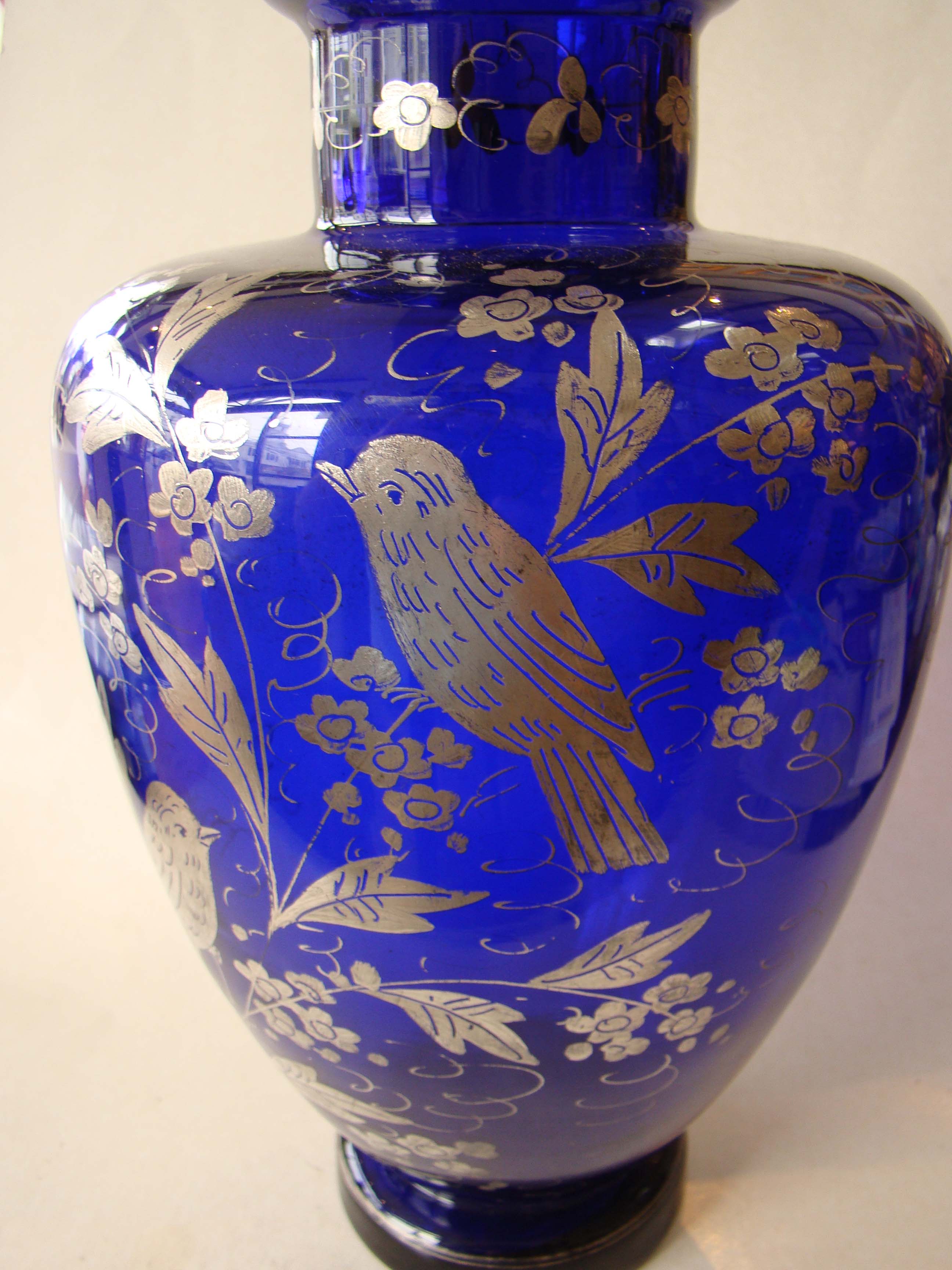 A stunning vintage colbalt blue silver overlay vase — image 3