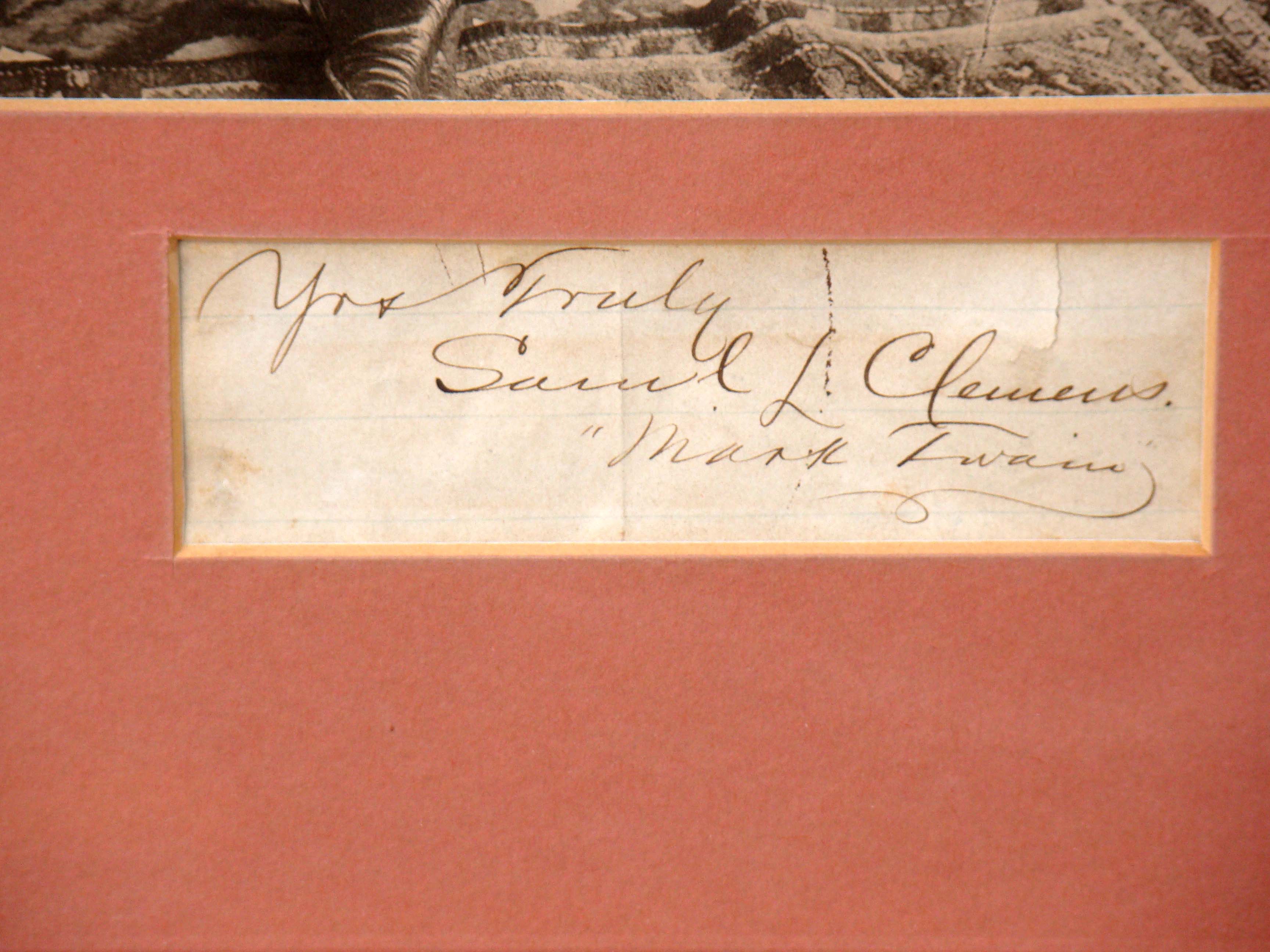 A fine and rare photograph of Mark Twain (Samuel L. Clemens) along with a clipped signature signed "Yos truly, Samuel L. Clemens, Mark Twain" — image 4