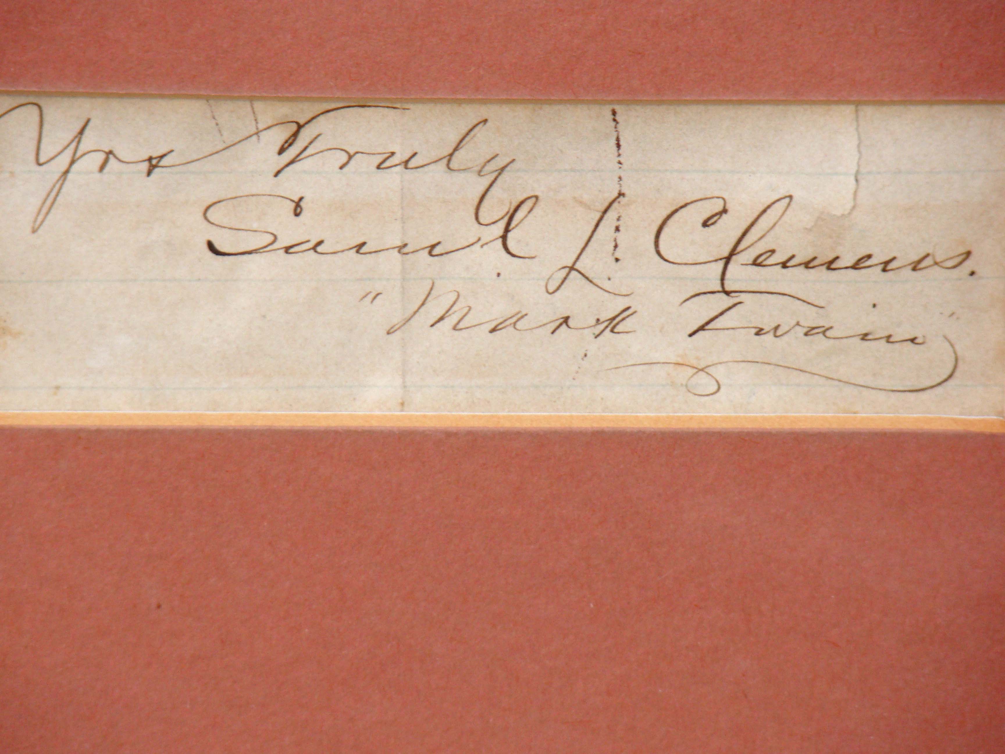 A fine and rare photograph of Mark Twain (Samuel L. Clemens) along with a clipped signature signed "Yos truly, Samuel L. Clemens, Mark Twain" — image 2