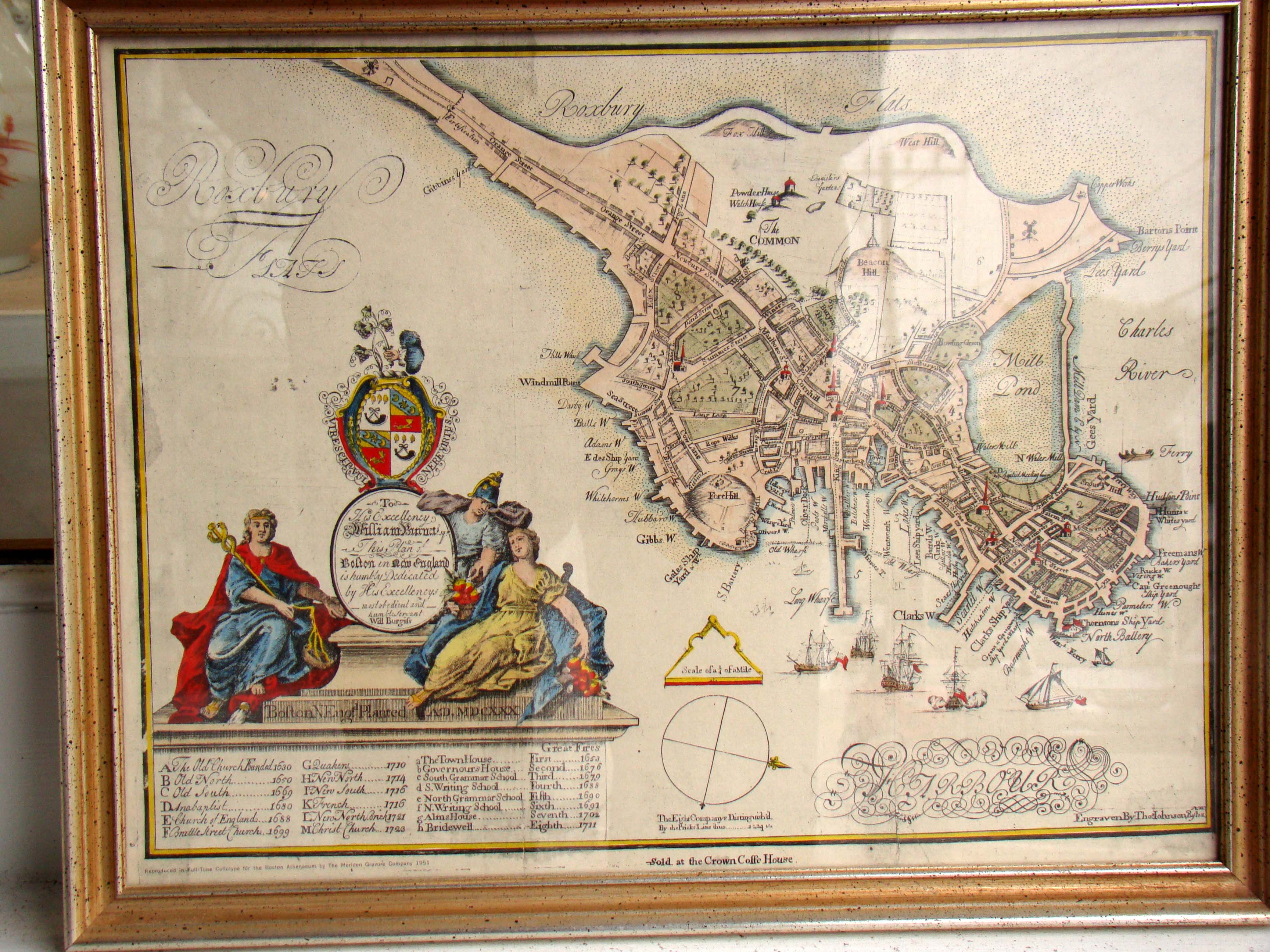 A fine reproduction Map of Boston engraved by Thomas Johnson in 1728 and reprinted in 1951
