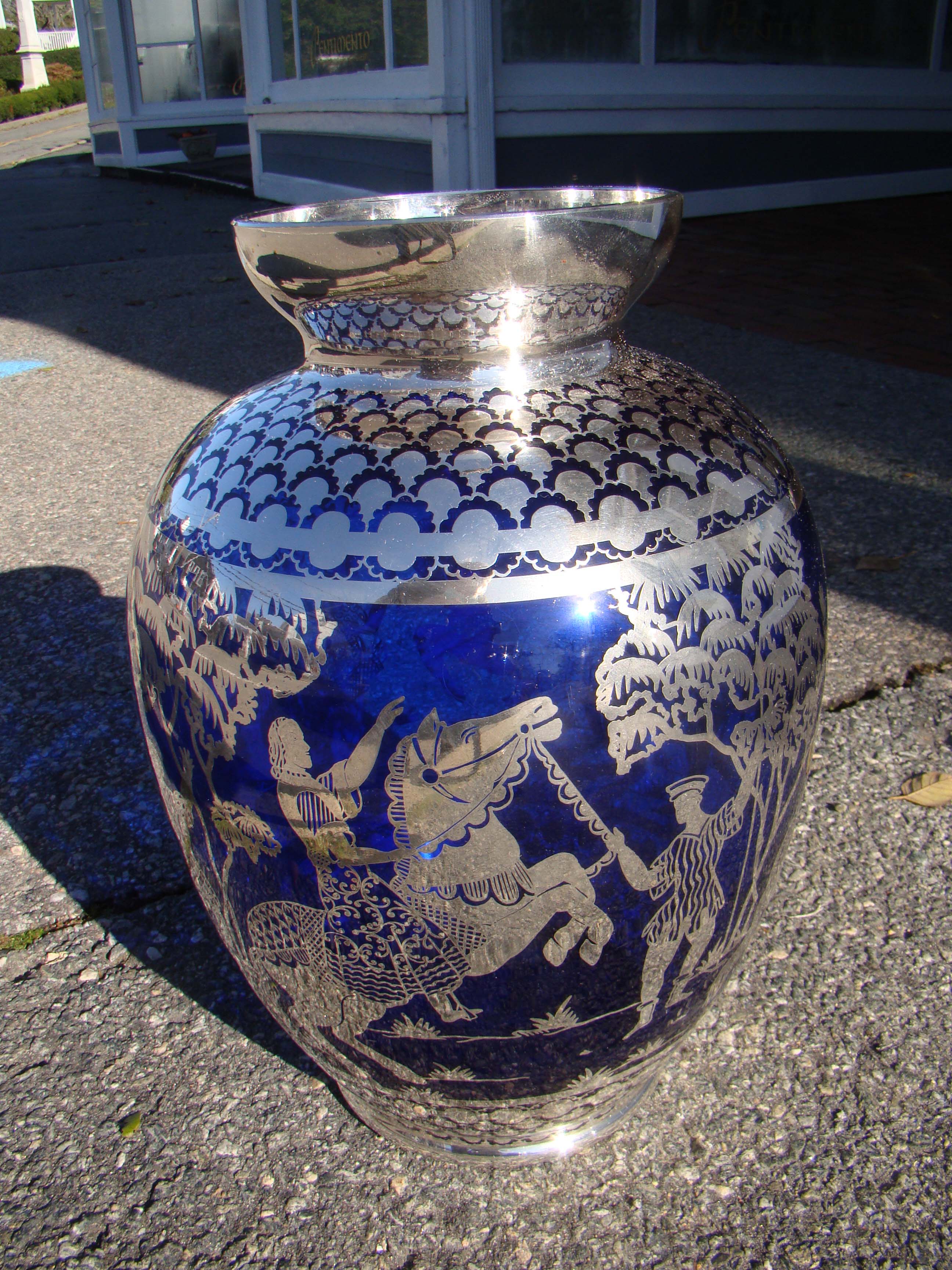 A SPECTACULAR vintage cobalt blue with  silver overlay vase depicting "The Procession of the Magi"