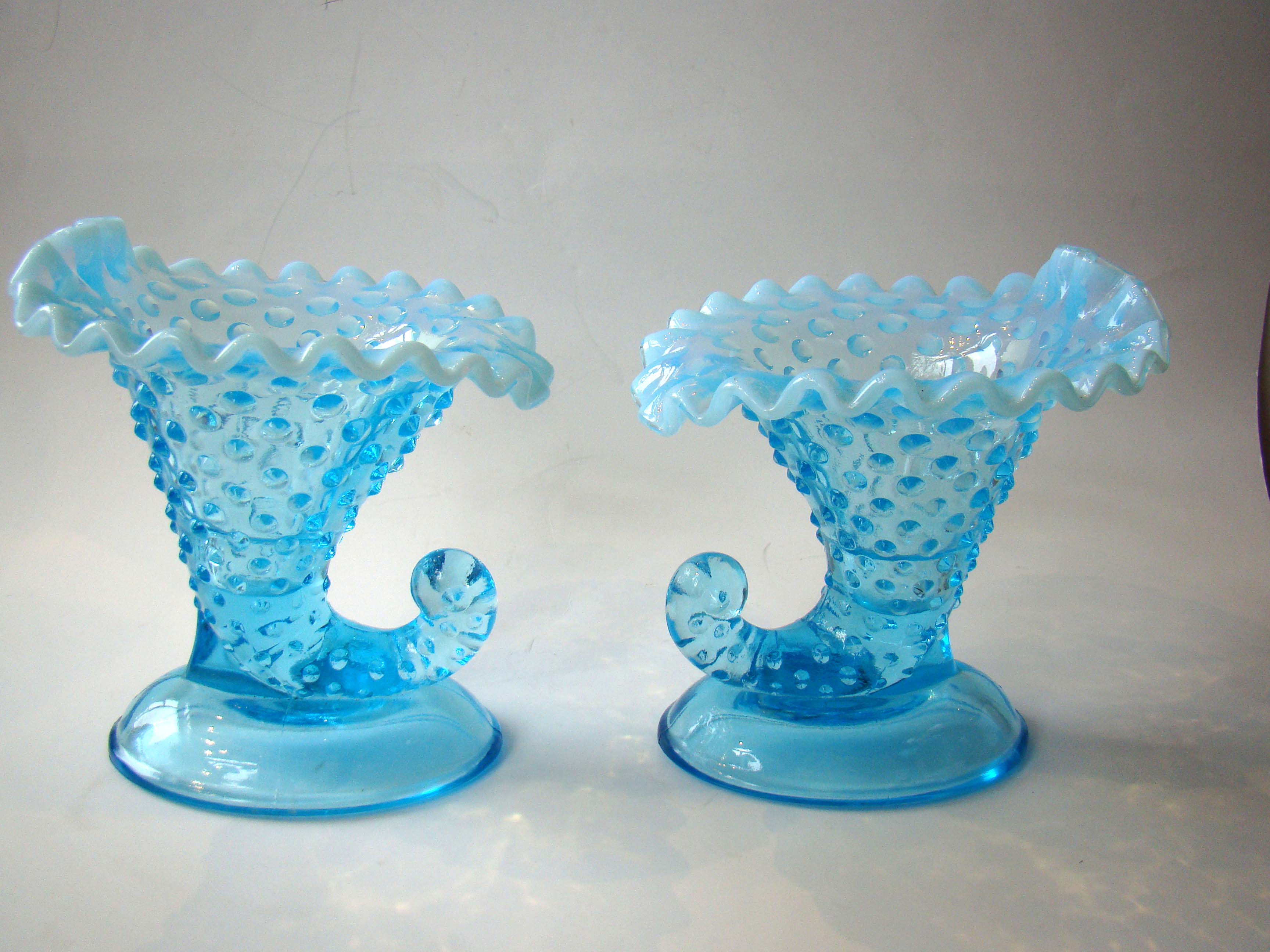 A beautiful pair of vintage aqua blue hobnail pattern cornucopia candle holders — image 2