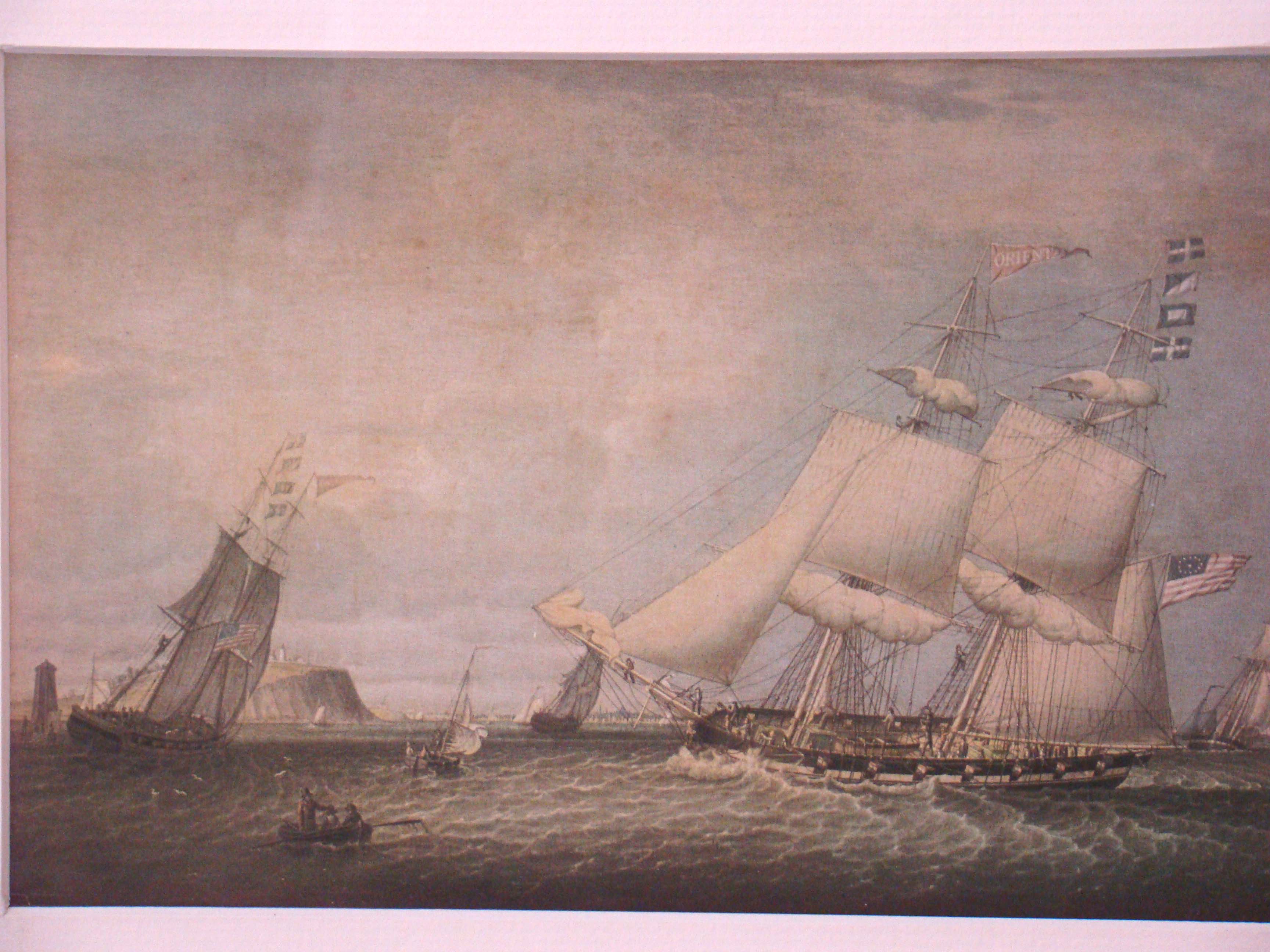 An attractive vintage print of the Brig "Oriental" entering Boston Harbor in 1833.