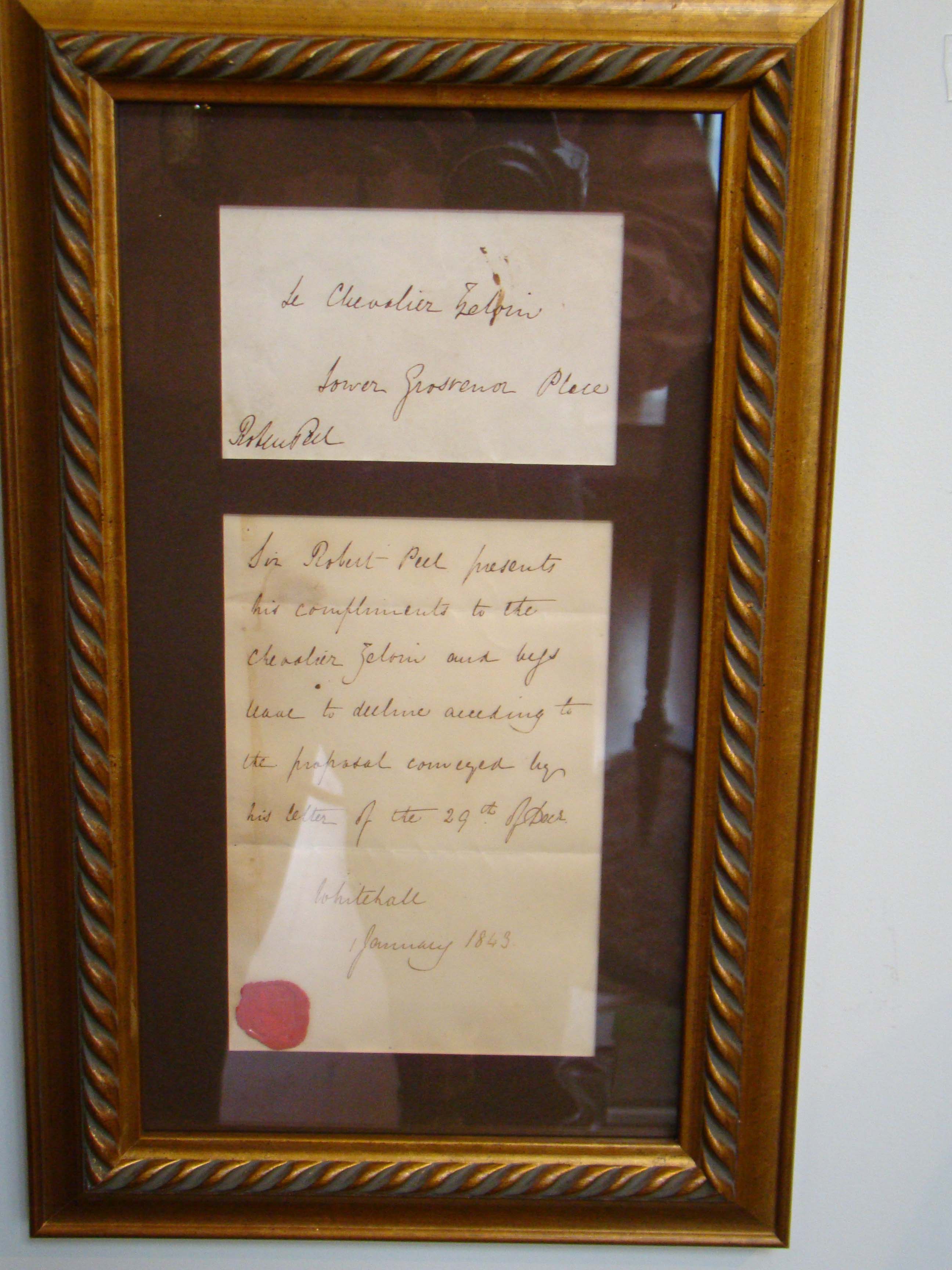 A letter signed on Jan.1, 1843 by Sir Robert Peel who served twice as Prime Minister of Great Britain under Queen Victoria.